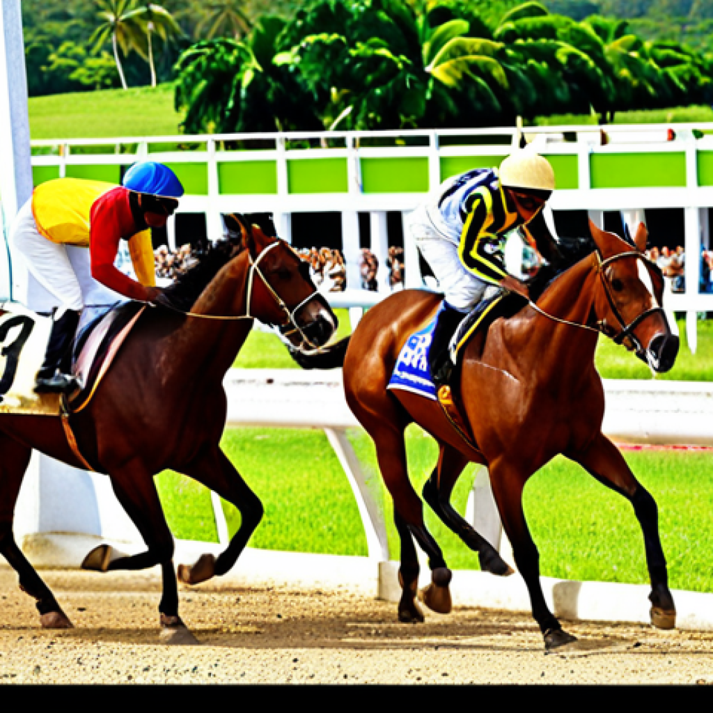 **Image Prompt:** A vibrant scene at Caymanas Park race track in Jamaica, capturing the excitement of horse racing. Jockeys on horses thundering down the track, spectators cheering, and betting slips in hand. Capture the energy and tradition of Jamaican horse racing.