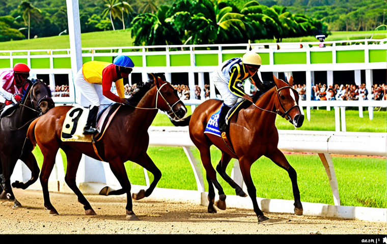 **Image Prompt:** A vibrant scene at Caymanas Park race track in Jamaica, capturing the excitement of horse racing. Jockeys on horses thundering down the track, spectators cheering, and betting slips in hand. Capture the energy and tradition of Jamaican horse racing.
