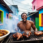 **

"A vibrant street food scene in Jamaica. Focus on a vendor grilling jerk chicken, smoke billowing around them. Include people laughing and enjoying the food, colorful buildings in the background, and Jamaican flags waving. Capture the energy and spice of Jamaican cuisine."

**