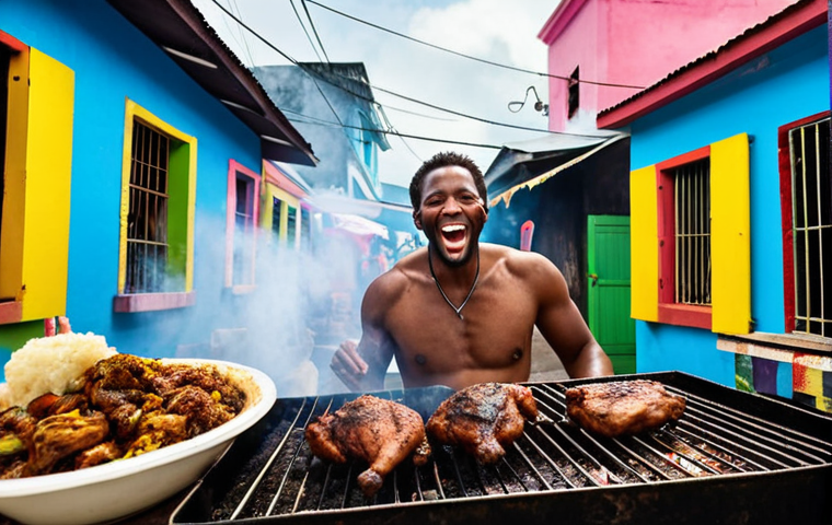 **
"A vibrant street food scene in Jamaica. Focus on a vendor grilling jerk chicken, smoke billowing around them. Include people laughing and enjoying the food, colorful buildings in the background, and Jamaican flags waving. Capture the energy and spice of Jamaican cuisine."
**